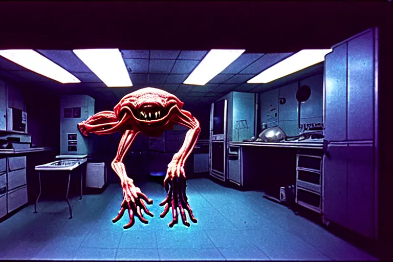 Image similar to a scary filmic wide shot color ground level angle movie still 35mm film photograph of the full body of a dangerous shape shifting alien creature, with multiple mutated snarling drooling human faces with a grotesque variety of human and animal limbs protruding from its lower torso inside of a 1970s science lab, neon lights, dirty, ektachrome photograph, volumetric lighting, f8 aperture, cinematic Eastman 5384 film