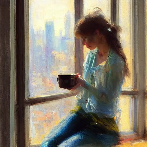 Image similar to “ girl holding a cup of coffee leaning out of a window overlooking the east village, morning light, by daniel gerhartz ”