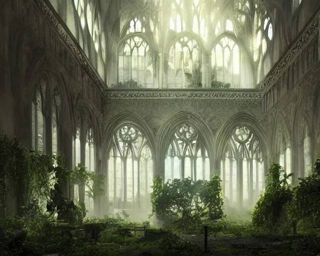 Image similar to Overgrown cathedral interior, broken windows, mild god rays, epic scale, cinematic lighting, dense vines hanging down from the high ceiling, digital art, trending on Artstation and Behance