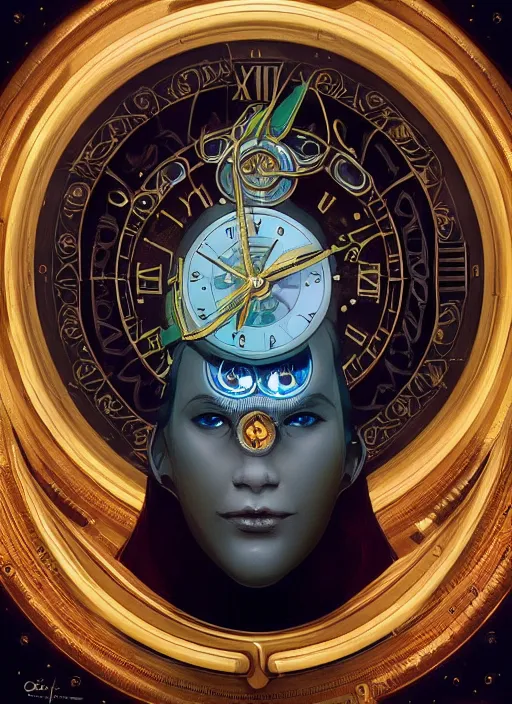 Image similar to symmetry!! portrait of clockface alien in the style of, clocks and machine face, intricate, elegant, highly detailed, digital painting, artstation, concept art, smooth, sharp focus, illustration, art by artgerm and greg rutkowski and alphonse mucha, 8 k