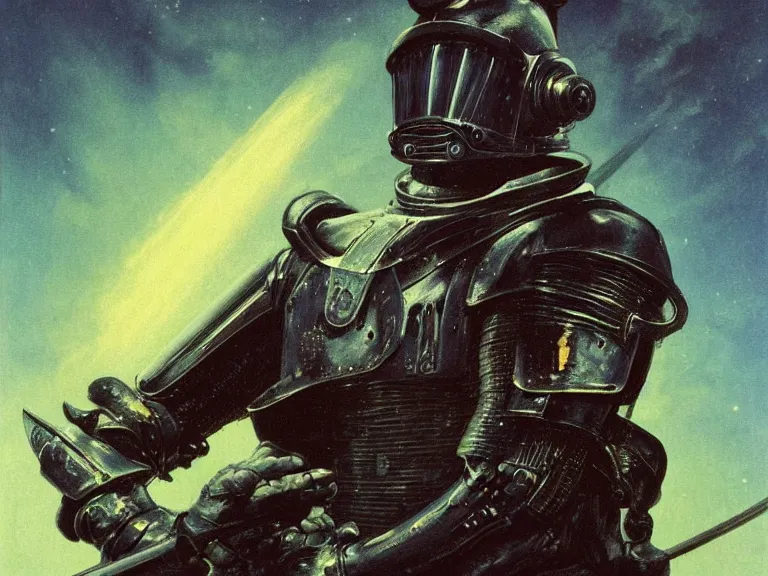 Prompt: a detailed profile painting of a bounty hunter in black knight armour and visor sharpening a sword. cinematic sci-fi poster. Cloth and metal. Welding, fire, flames, samurai Flight suit, accurate anatomy portrait symmetrical and science fiction theme with lightning, aurora lighting clouds and stars. Clean and minimal design by beksinski carl spitzweg giger and tuomas korpi. baroque elements. baroque element. intricate artwork by caravaggio. Oil painting. Trending on artstation. 8k