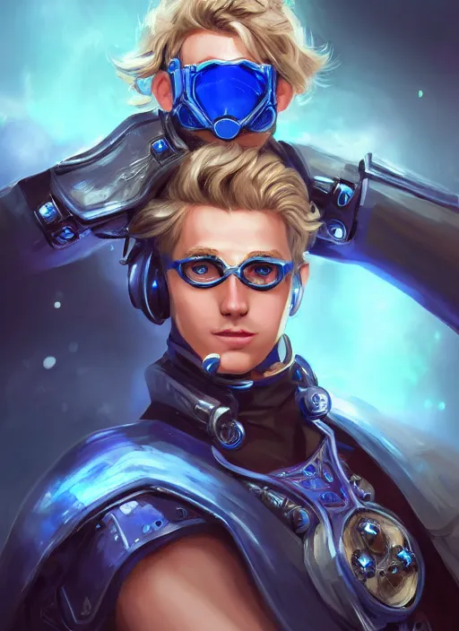 Image similar to a highly detailed illustration of thick wavy bright blonde haired effeminate boy wearing blue robe and goggles and iron cybermechanical arms, blue eyes, dramatic smiling pose, intricate, elegant, highly detailed, centered, digital painting, artstation, concept art, smooth, sharp focus, league of legends concept art, wlop