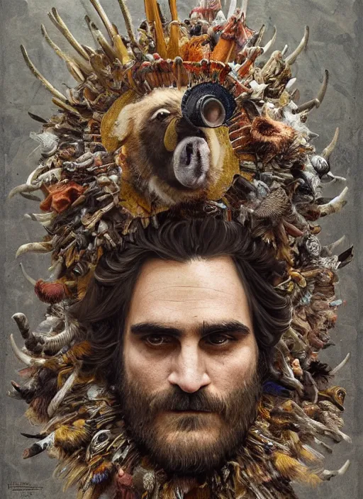 Image similar to a hyper detailed portrait of joaquin phoenix with a crown made of animals, cow horns, pig nose, sheep wool, chicken feather armor, by anna podedworna, by miklos ligeti, by diego maricato, by taran fiddler, by antonino truisi, by chris reddie, by jinsung lim, trending on artstation