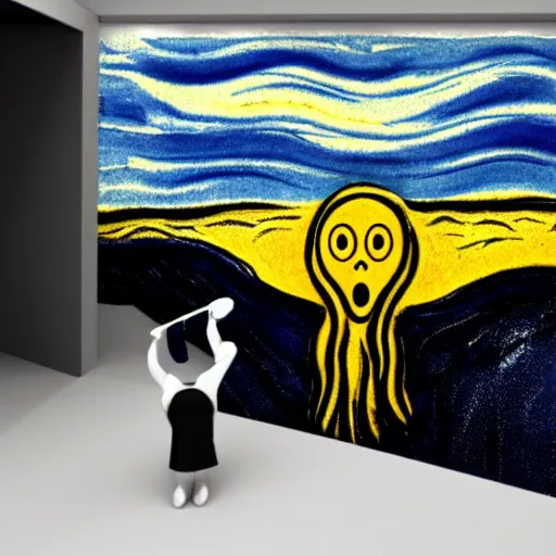 Image similar to the scream with a hat and raining on top of a cliff 3 d render, 2 d realistic, 2 5 mm