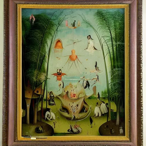 Prompt: a framed painting of a beautiful hieronymus bosch tropical landscape