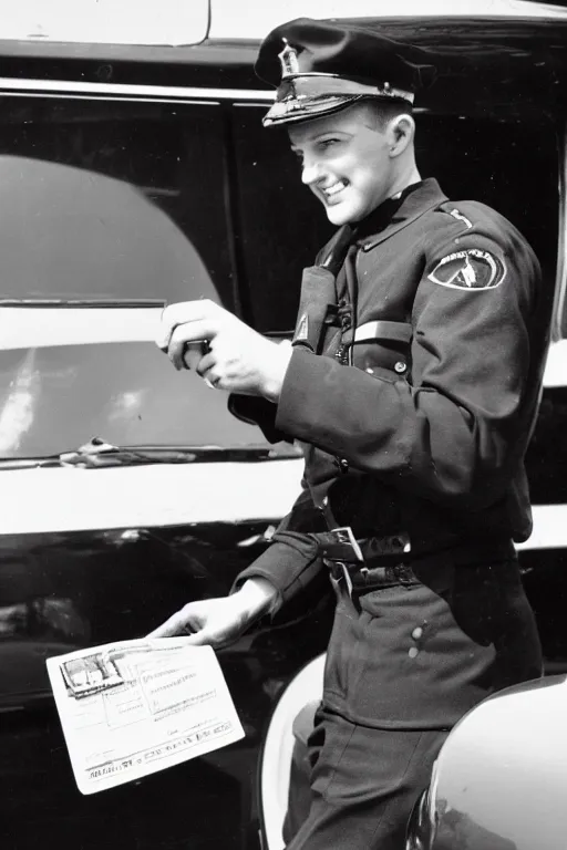 Image similar to a 1 9 5 0 s police officer issuing a ticket on a car
