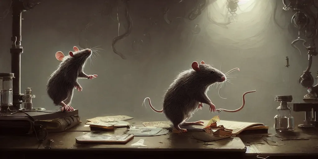 Image similar to highly realistic intricate rat standing on a desk in a laboratory with lots of flasks filled with magic liquids and poisonous fog, stephen bliss, unreal engine, fantasy art by greg rutkowski, loish, rhads, ferdinand knab, ilya kuvshinov, rossdraws, tom bagshaw, global illumination, radiant soft light, detailed and intricate environment