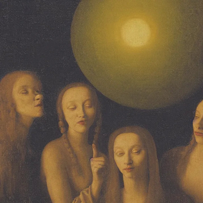 Prompt: a closeup portrait of a three - headed horned women, floating in huge levitating luminescent orb, in a foggy pond, golden hour, by jan van eyck