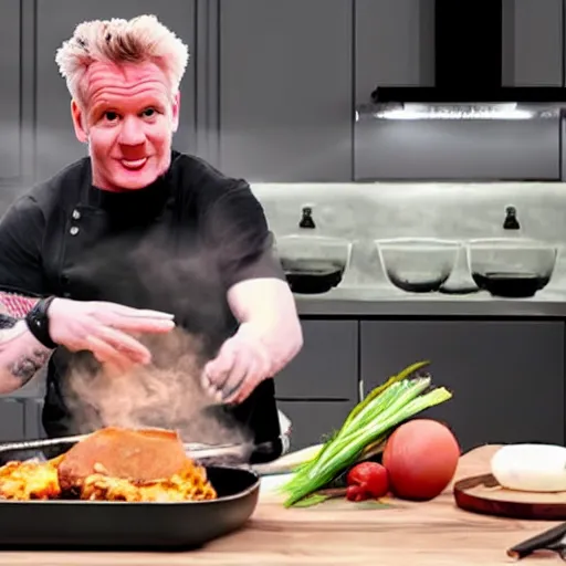 Image similar to hyper real Gordon Ramsey cooking a unicorn in kitchen 4k