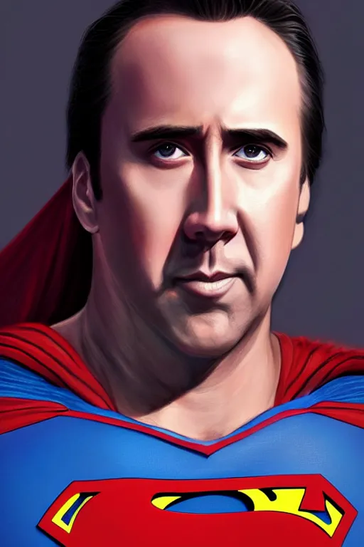 Image similar to Portrait of Nicolas Cage as superman cinematic lighting, intricate, elegant, highly detailed, digital painting, artstation, painted by Artgerm and Mark Waid and Greg Rutkowski and Mandy Jurgens