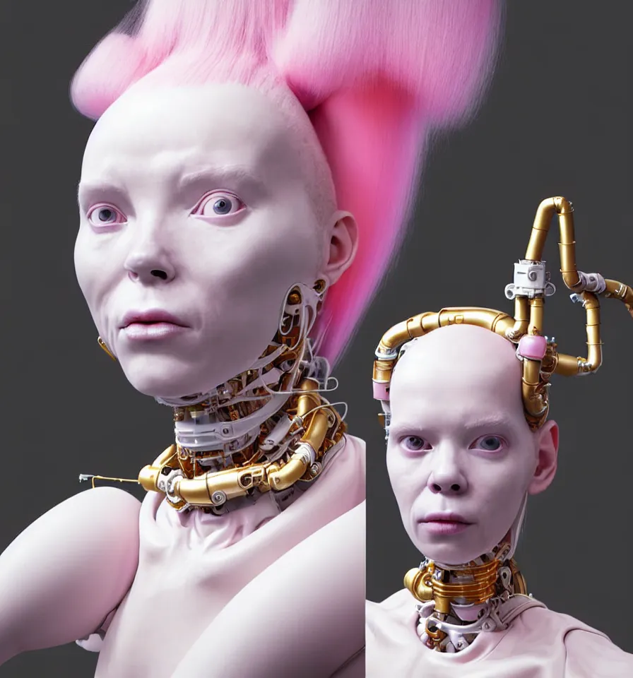 Image similar to portrait of a alien futuristic cyborg wearing a gold pipes fitted beauty mask and pink hair buns, wearing a black bodysuit by alexander mcqueen, cream white background, perfectly symmetric, soft diffused light, biotechnology, humanoid robot, hanging electrical cables and pipes, bjork aesthetic, translucent, by rineke dijkstra, intricate details, highly detailed, masterpiece,