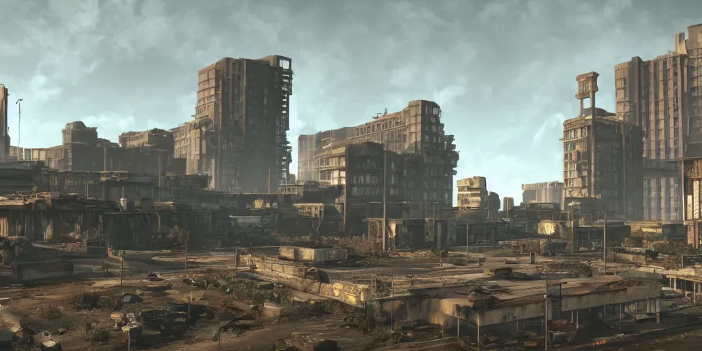 Prompt: fallout concept art neodeco singular building render grim realistic lighting unreal engine 5