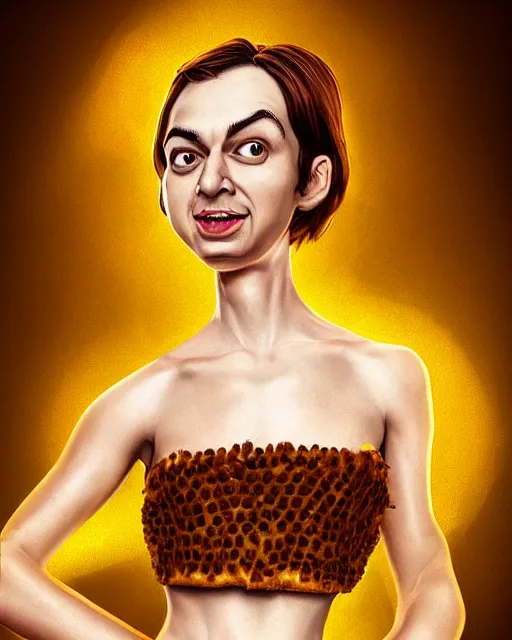 Image similar to beautiful mr bean as honey, made of honey, wearing honey - themed miniskirt, award winning creature portrait photography, extremely detailed, artstation, 8 k, sensual lighting, incredible art, wlop, artgerm, backlit, rim lighting, hi - fructose