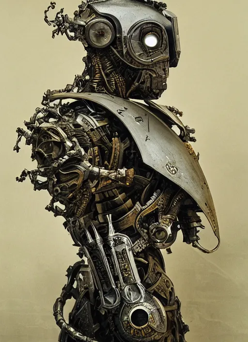 Prompt: portrait of futuristic king arthur knight district 9 cyborg, kintsugi, x - ray, steam and cyberpunk, modern fine art, fractal, intricate, elegant, highly detailed, digital photography, subsurface scattering, by jheronimus bosch and frank miller and greg rutkowski,