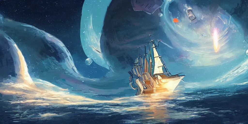 Image similar to tall ship in space. sci fi illustration. beautiful lighting and composition. science fiction. colourful graphic novel. digital art