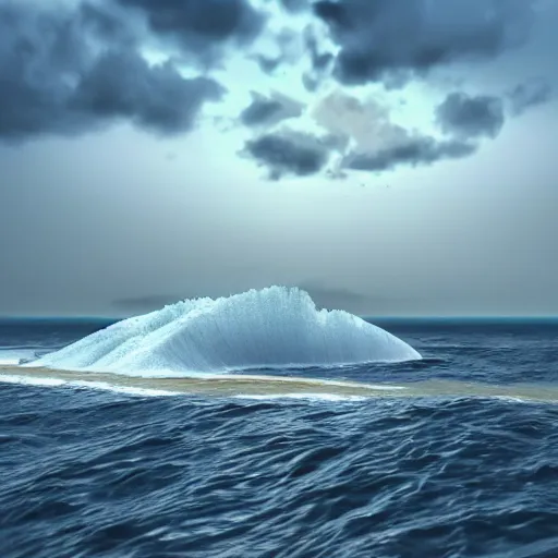 Prompt: a 3D render of a Tsunami hitting Tonga after underwater volcanic eruption