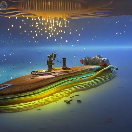 Prompt: tiny wooden submarine, floating, rbc, radiolaria, protophyta, micro - organisms, center frame, symmetric, rim light, marine microbiology, bioluminescence, electric, soft, concept art, intricate details, highly detailed, colorful, photorealistic, disney pixar, octane render, iridescent, anime, 8 k