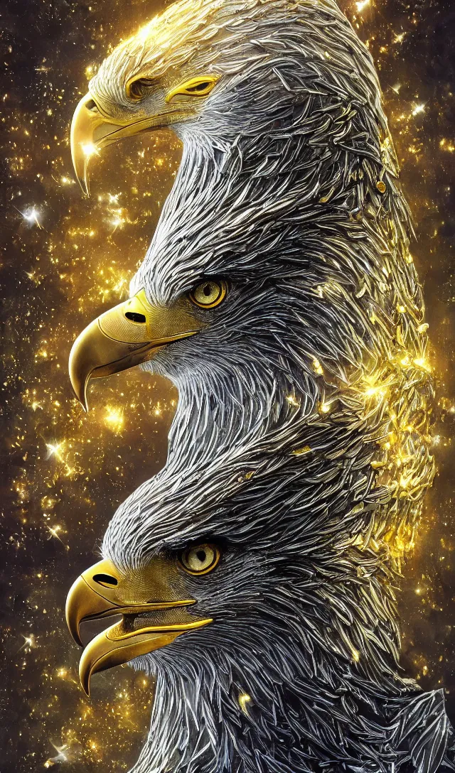 Image similar to best book cover design, glowing silver and golden elements, full close-up portrait of realistic eagle with sapphires, book cover, emerald gem forest, white diamond moon, establishing shot, extremely high detail, photo-realistic, cinematic lighting, by Yoshitaka Amano, Ruan Jia, Kentaro Miura, Artgerm, post processed, concept art, artstation, matte painting, style by eddie mendoza, raphael lacoste, alex ross