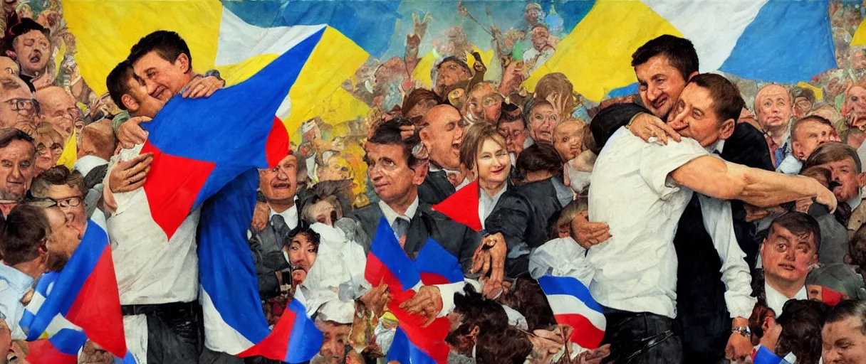 Image similar to volodymyr zelensky hugging and kissing vladimir putin, dramatic torn ukraine and russian flag in the backround, hd artstation, igor v babailov, joan baez, dean cornwell, norman rockwell, ilya kuvshinov, j c leyendecker, victo ngai, mc clelland barclay, cinematic, wide angle shot