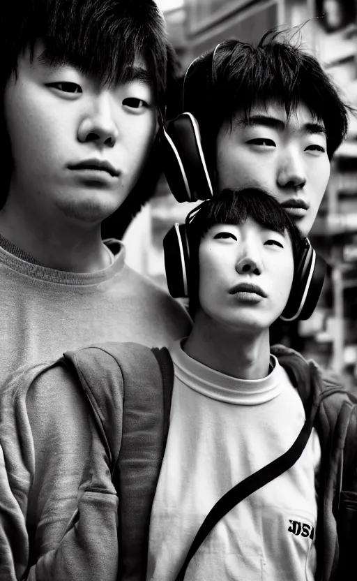 Image similar to ! dream! dream close - up portrait of japanese teenagers male and female, street photography, blue scheme, economic boom, punks, highly realistic, photography, highly detailed, cinematic lighting, tokyo, fashion, wearing sony walkman and headphones, cinestill 8 0 0 t