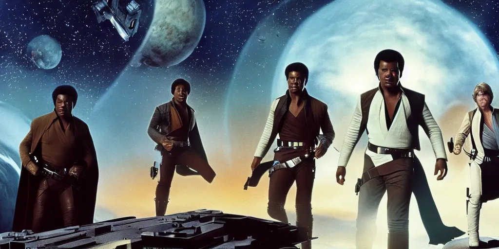 Image similar to screenshot of portrait Han Solo, Lando Calrissian and Luke Skywalker standing on an surreal minimalist a planet of maelstrom, the world without form, 1970s film by Stanley Kubrick, iconic scene, stunning cinematography, octane render, hyper-detailed, sharp, anamorphic lenses, kodak color, 4k, stunning