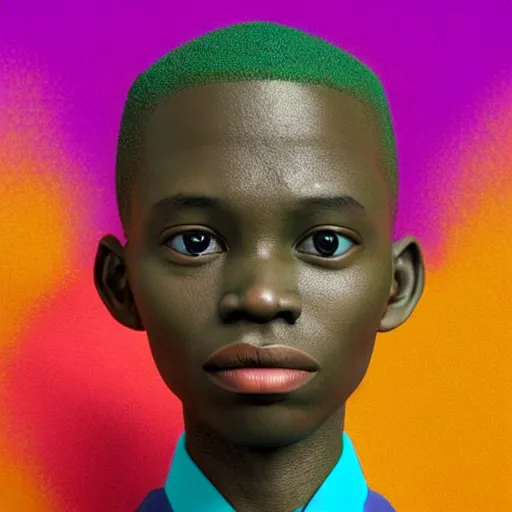 Image similar to colourful vfx upper half - 3 d portrait - art of a nigerian boy - in claymation style, art by hsiao - ron cheng & james jean, symmetrical, intricate detail, caricature, concept art, volumetric light, ray tracing, claymation render, octane render, unreal engine, sharp, pinterest, behance, art station,