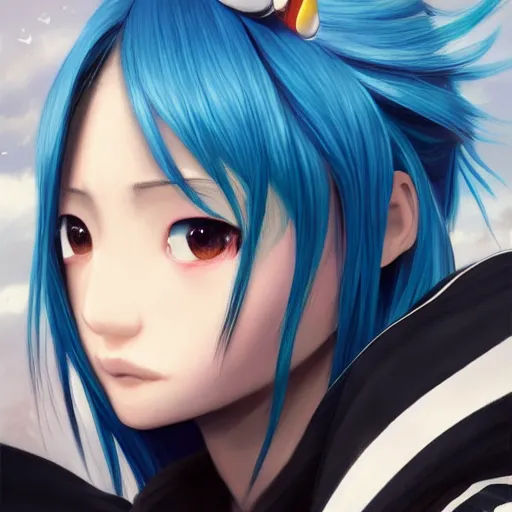 Image similar to profile shot of rimuru tempest, sky blue, straight hair, long bangs, amber eyes, wearing a black jacket with white stripes, high collar, highly detailed, unreal engine 5, digital painting, cinematic, wlop | artgerm, pixiv, yoshitaka amano, greg rutkowski, ilya kuvshinov, andy warhol