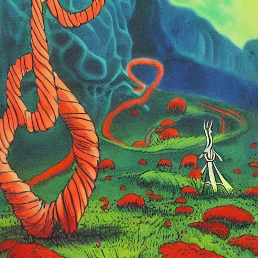 Prompt: fantasy painting of a landscape by dr seuss | horror themed | creepy