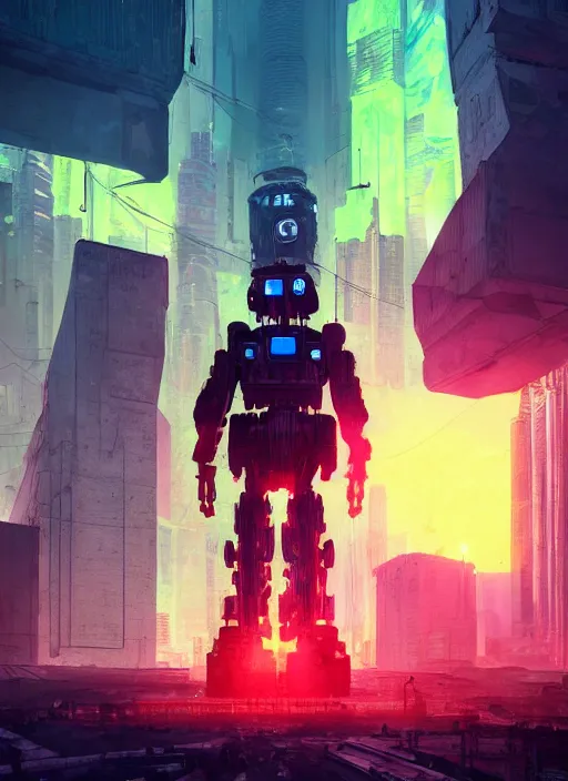 Image similar to a painting of a giant robot standing in front of a post apocalyptic city ruins, cyberpunk art by beeple, artstation hd, dystopian art, apocalypse art, sci - fi, glowing neon lights anamorphic lens flare