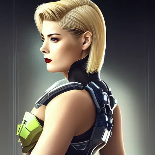 Image similar to A combination of Ada Wong's and Grace Kelly's and Ashley Greene's appearances with blonde hair wearing Master Chief's armor from Halo, high tech, action shot, angular, full body portrait, futuristic, dramatic, fantasy, intricate, elegant, highly detailed, digital painting, artstation, concept art, matte, sharp focus, illustration, 8K, art by Donato Giancola and James Gurney