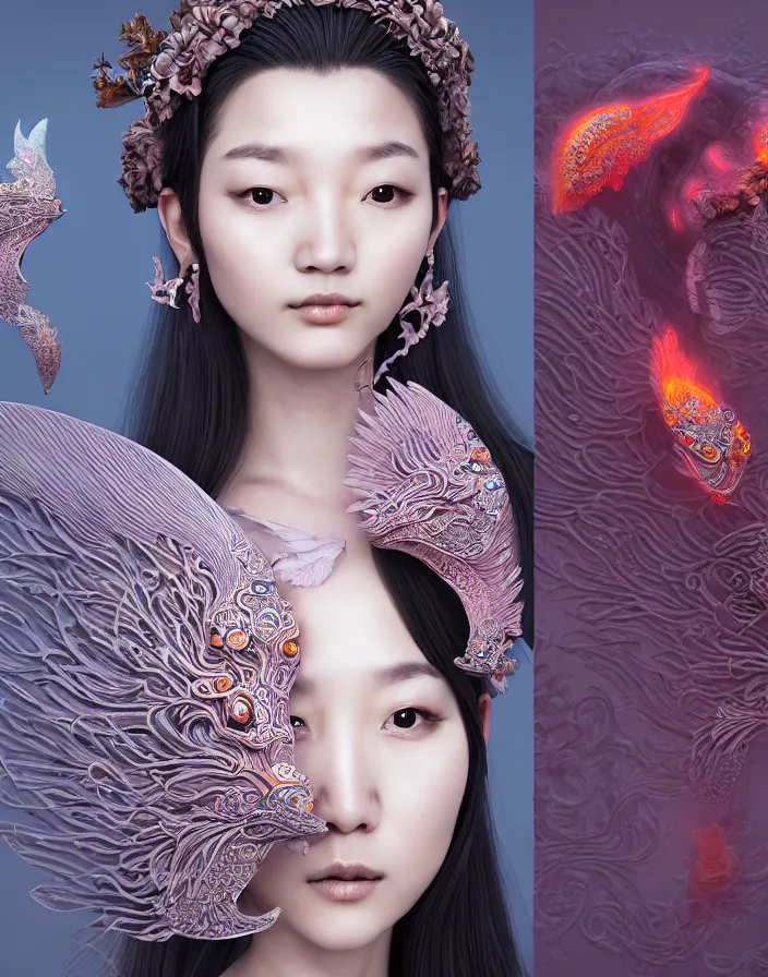 Prompt: 3 d goddess medium shot profile portrait. beautiful intricate highly detailed korean gumiho mask and traditional korean hanbok. stingray, magpie, stingray, magpie, bioluminescent, plasma, lava, ice, water, wind, creature, fog, artwork by tooth wu and wlop and beeple and greg rutkowski, 8 k trending on artstation,