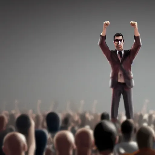 Prompt: A man with a clenched fist instead of a head giving a speech at a podium, in front of an audience raising their fists, realistic, trending on artstation, stylized