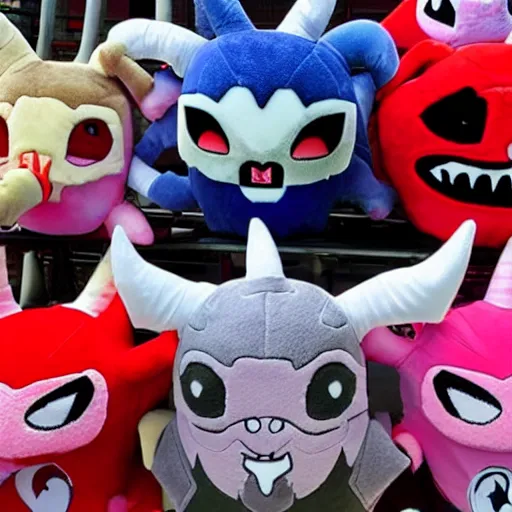 Image similar to devilish - looking demon plushies being sold at an amusement park