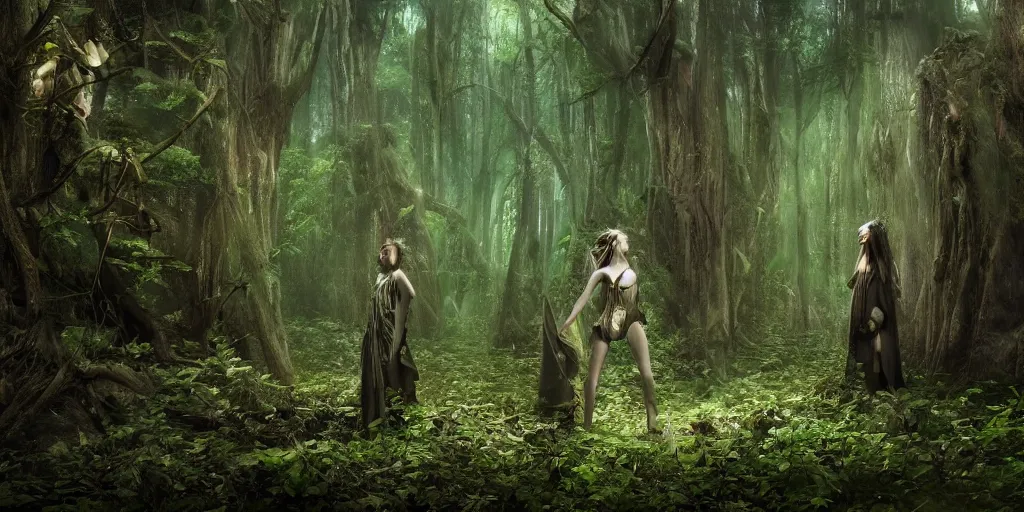 Image similar to A transcendal being having a ritual in a mysterious and lush forest, sci-fi, dark fantasy, wide shot