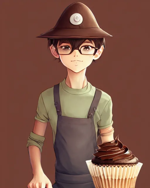 Prompt: a boy as personification of chocolate cupcake, cute hats, unreal engine, highly detailed, digital illustration by artgerm, tooth wu, studio ghibli, deviantart, sharp focus, artstation, he is standing inside a fantasy bakery by greg rutkowsky, sweets, dog