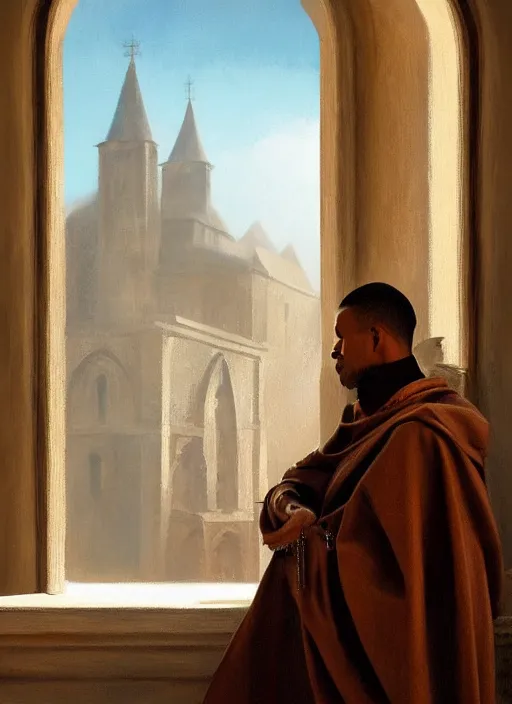 Image similar to oil painting of a dominican monk in brown robes, looking out of a monastery window contemplatively, a majestic cathedral in the background, digital art, artstation, cinematic, golden hour, digital art painting by greg rutkowski