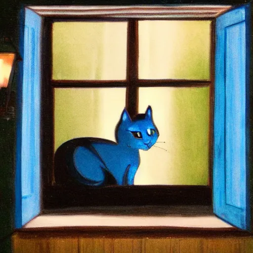 Image similar to The blue cat looking out of the window at night