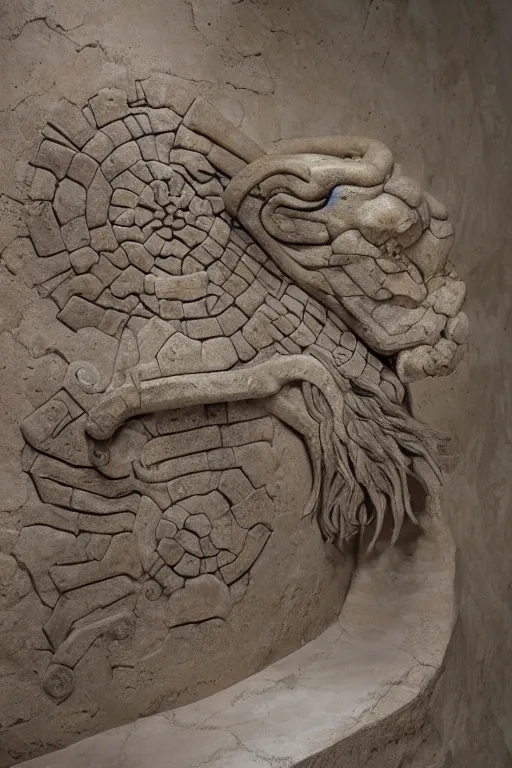 Image similar to epic and dramatic view of quetzalcoatl sculpture made in travertine marble showing scams in his full body, realistic and ultra detailed, 8 k