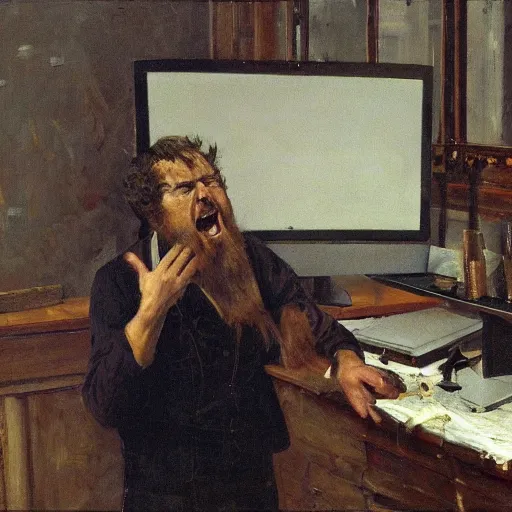 Image similar to an angry man yells at his computer monitor, oil on canvas, 1 8 8 3, highly detailed