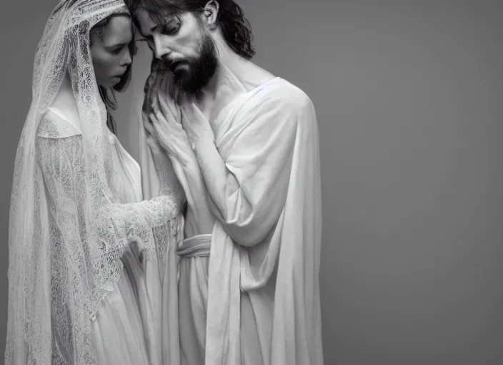 Image similar to couple, jesus hugging a woman, spirit hugs, in style of paolo roversi, britt marling style 3 / 4, a beautiful ethereal lace white robe, 8 k, soft focus, soft light, volumetric lighting, highly detailed realistic, refined, highly detailed, natural outdoor soft pastel lighting colors scheme