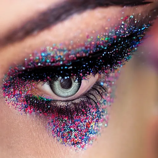 Prompt: close up of eyes with sprinkles mascara