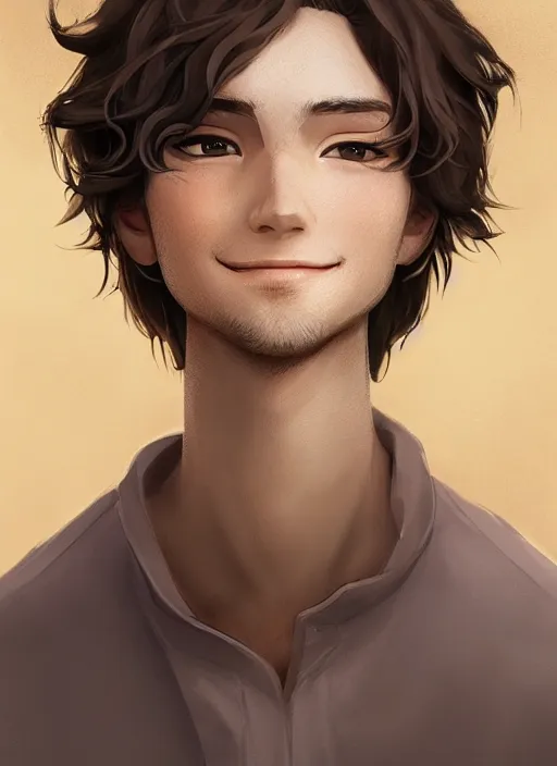 Image similar to young man with medium - length, curly, golden hair, perfectly proportioned face, aquamarine eyes, sweet smile, natural lighting, path traced, highly detailed, high quality, cartoon, digital painting, by new haicheng and studio ghibli