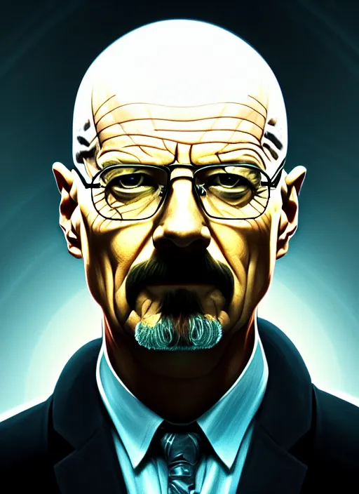 Image similar to symmetry portrait of walter white, glowing lights intricate, elegant, highly detailed, digital painting, artstation, concept art, smooth, sharp focus, illustration, art by artgerm and greg rutkowski and alphonse mucha