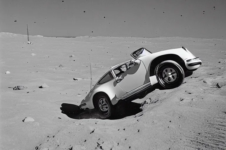 Image similar to vintage photo of a porsche 911 on the moon. apollo moon landing