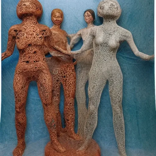 Image similar to dmt bodies. Mesh of human figures intertwined. earthen colors. Realistic marble sculptures.