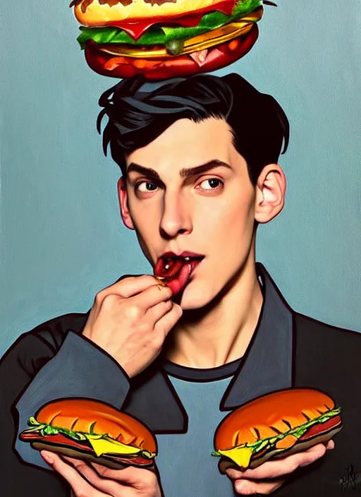 Prompt: oil painting, jughead jones wears a grey crown and devours a hamburger, intricate, elegant, highly detailed, lighting, painting, artstation, smooth, illustration, art by greg rutowski and alphonse mucha