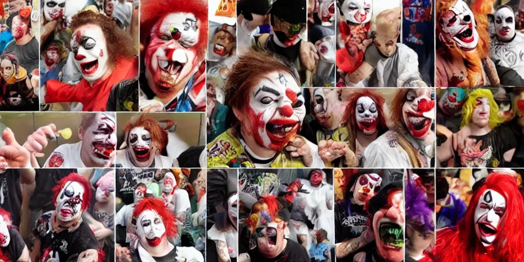 Prompt: Juggalos vs clowns school food fight, detailed facial expressions