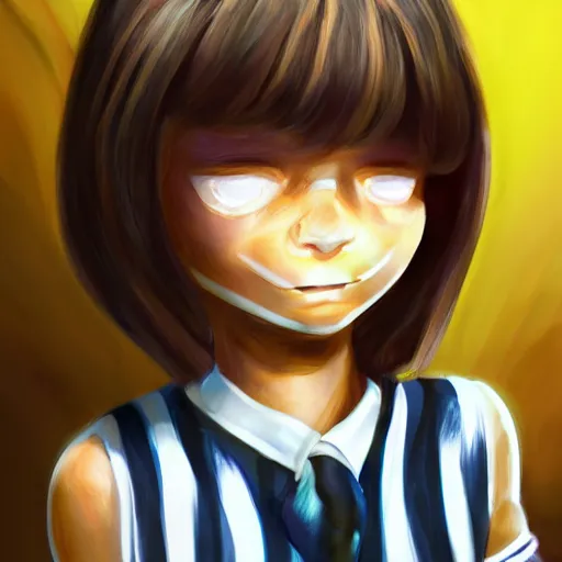 Image similar to Frisk Wearing a striped outfit, digital Painting, ultradetailed, artstation, oil Painting, ultradetailed, artstation