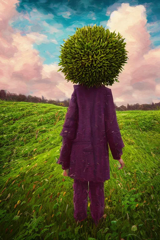 Image similar to portrait, giant flower head, a girl with coat between hedges, surreal photography, wind and cold, dramatic sky, impressionist painting, digital painting, artstation, simon stalenhag