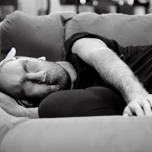 Prompt: man laying face down on a couch, the man is wearing black shirt and blue shorts, a black and white cat is climbing on him